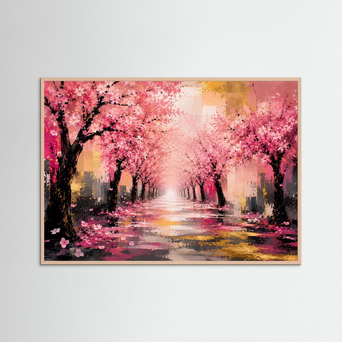 Kirschblütenallee in Rosa & Gold | Abstraktes Frühlings-Wandbild in Premiumqualität