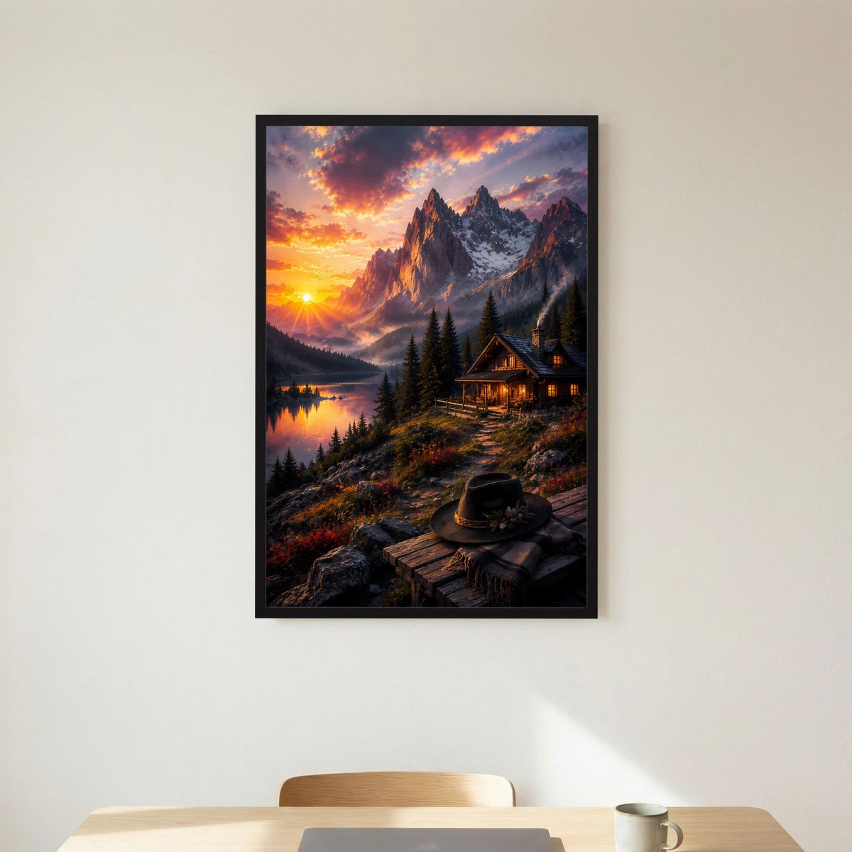 Hochformat-Poster mit schwarzem Rahmen: Berge, See und beleuchtete Hütte