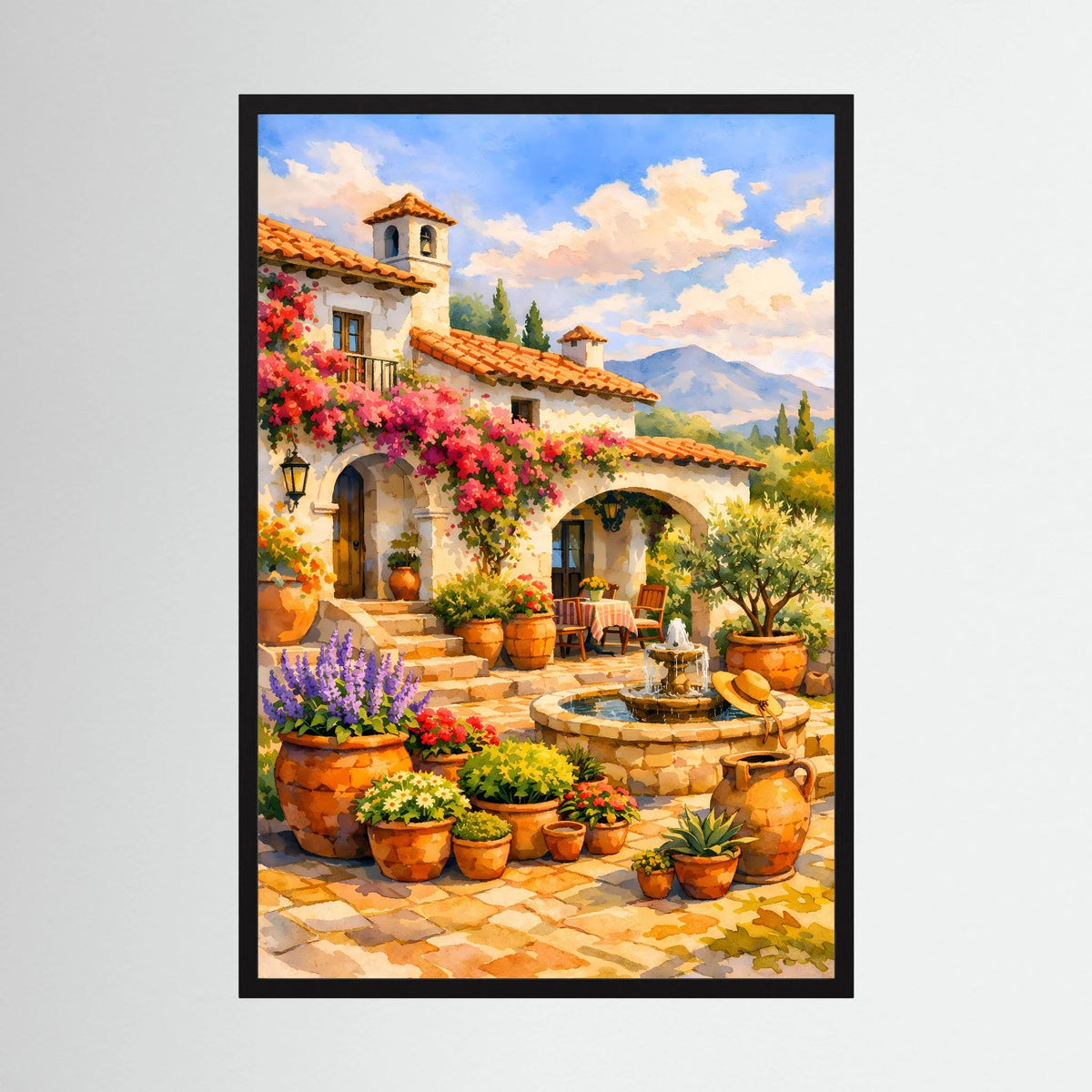 Hochformatiges Kunstposter mit mediterranem Innenhof, Blumen und Brunnen im schwarzen Rahmen