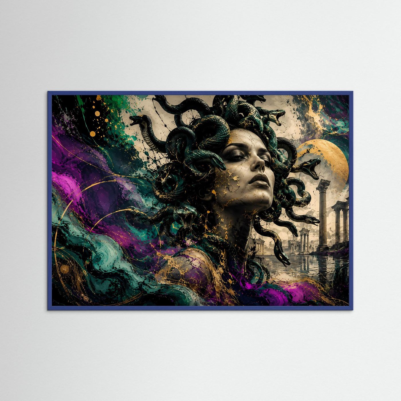 Medusa Wandbild Abstrakt | Mythologie Kunst mit Schlangen | Moderne Gorgone Wall Art | Griechische Antike Fantasy Poster | Luxus Leinwand Gold Akzente