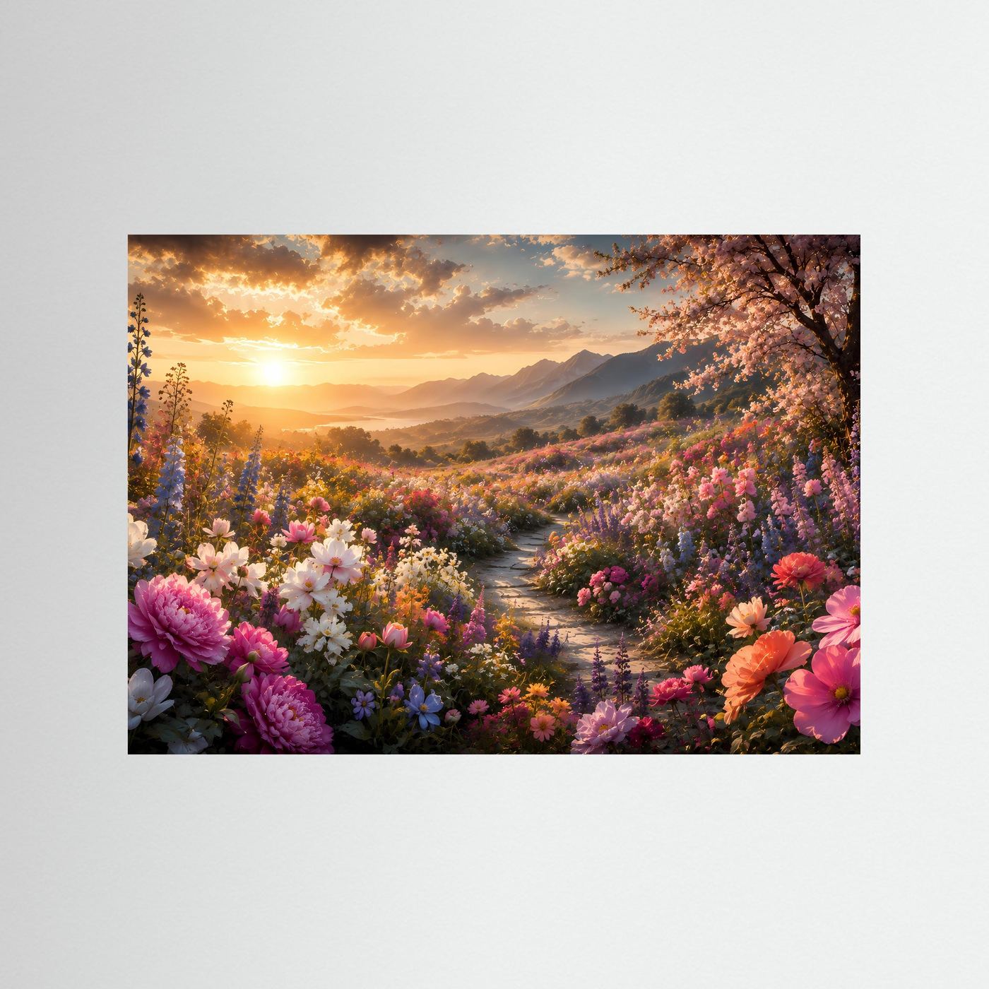 Blühende Bergwiese im goldenen Sonnenuntergang | Farbenprächtiges Blumenmeer mit Bergpanorama in Rosa, Violett & Gold | Romantische Natur Wandkunst