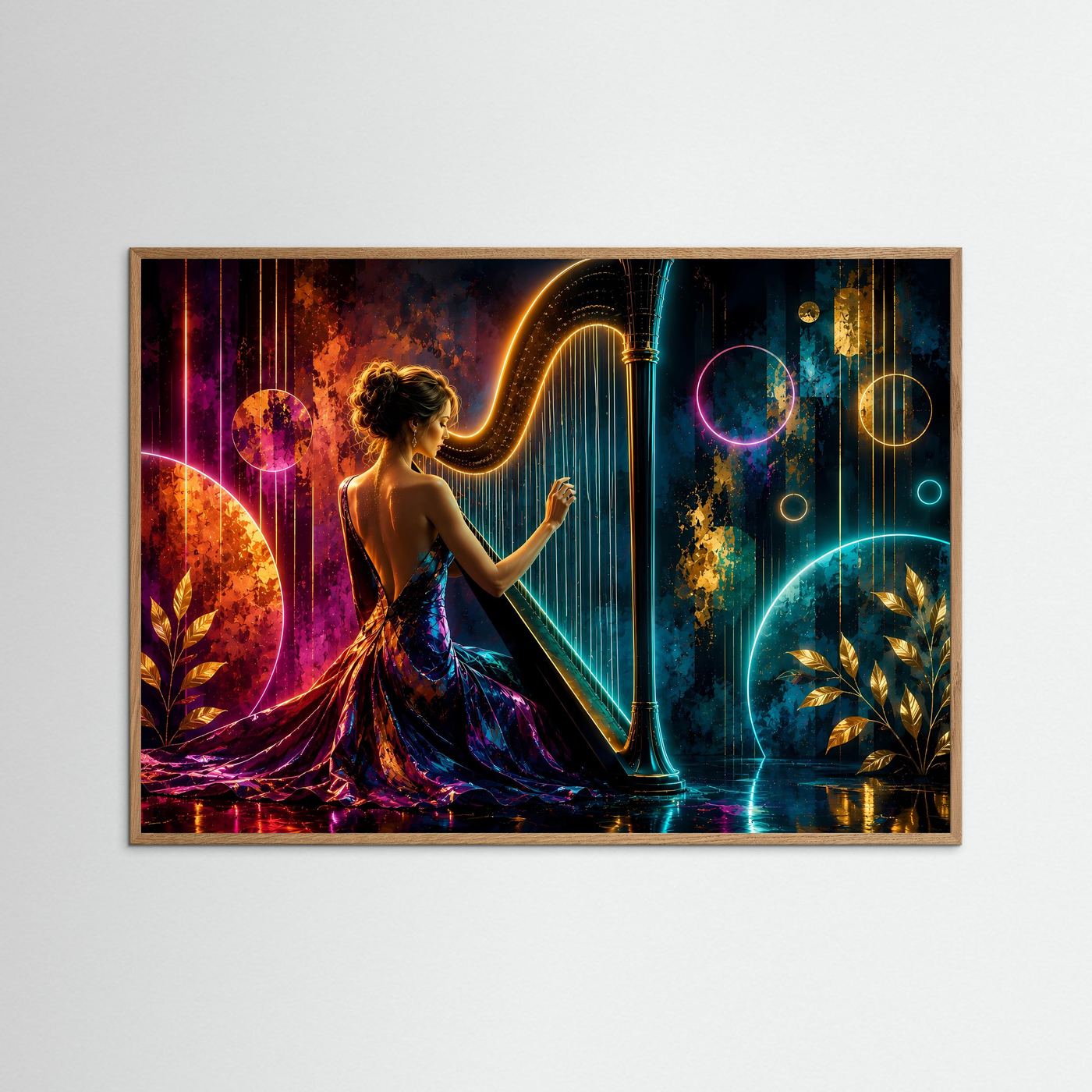 Magische Harfenklänge in Neon & Gold | Modernes Musik & Fantasy Poster Querformat