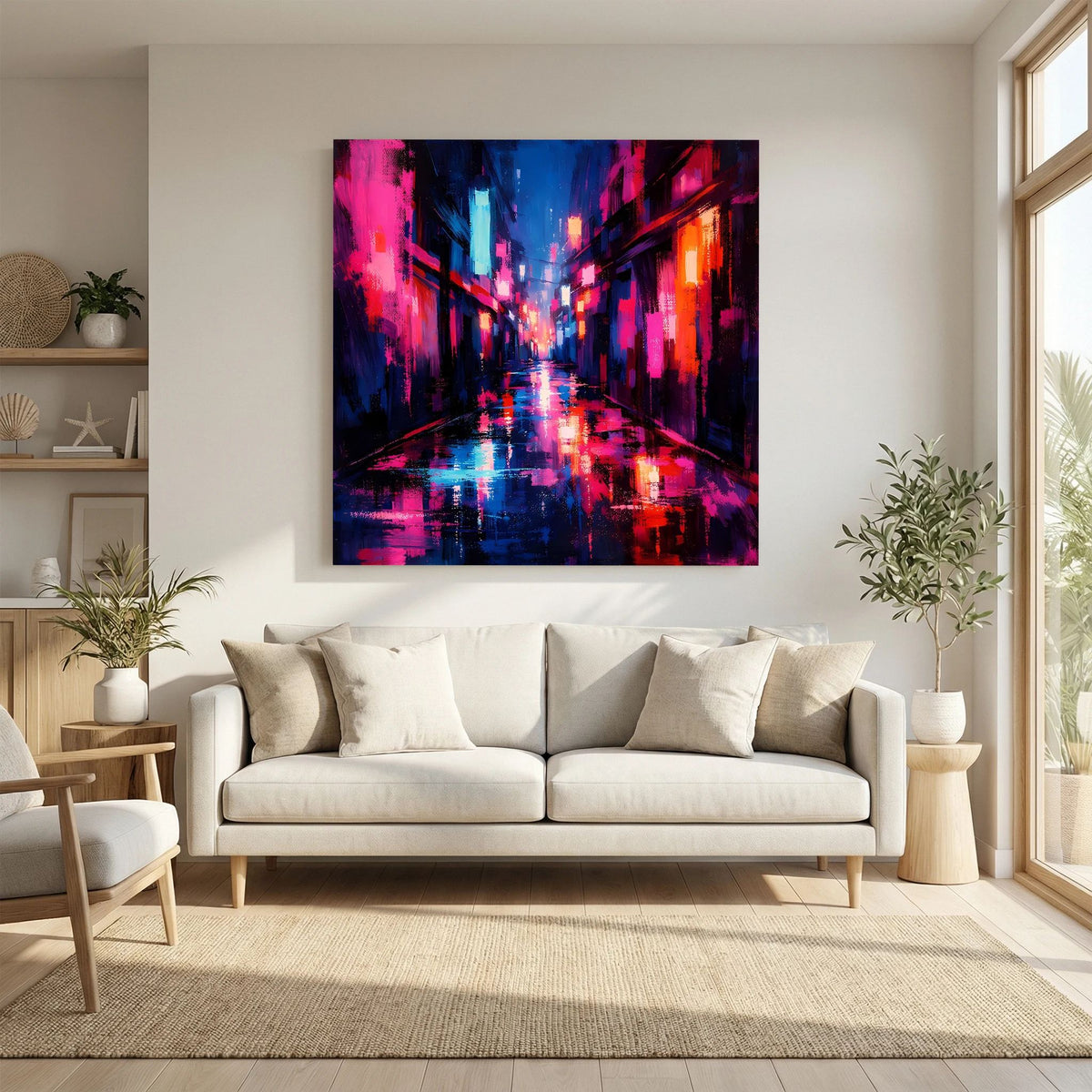 Neon-Wandbild Cyberpunk-Gasse im Regen, magenta-blau-orange, schwarzer Rahmen