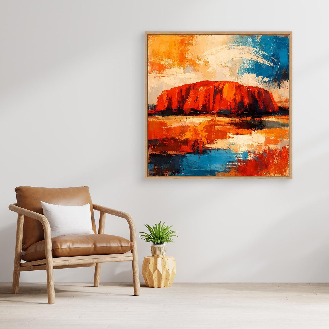 Abstraktes Leinwand-Wandbild: roter Monolith, blaue Akzente, helles Holzrahmen