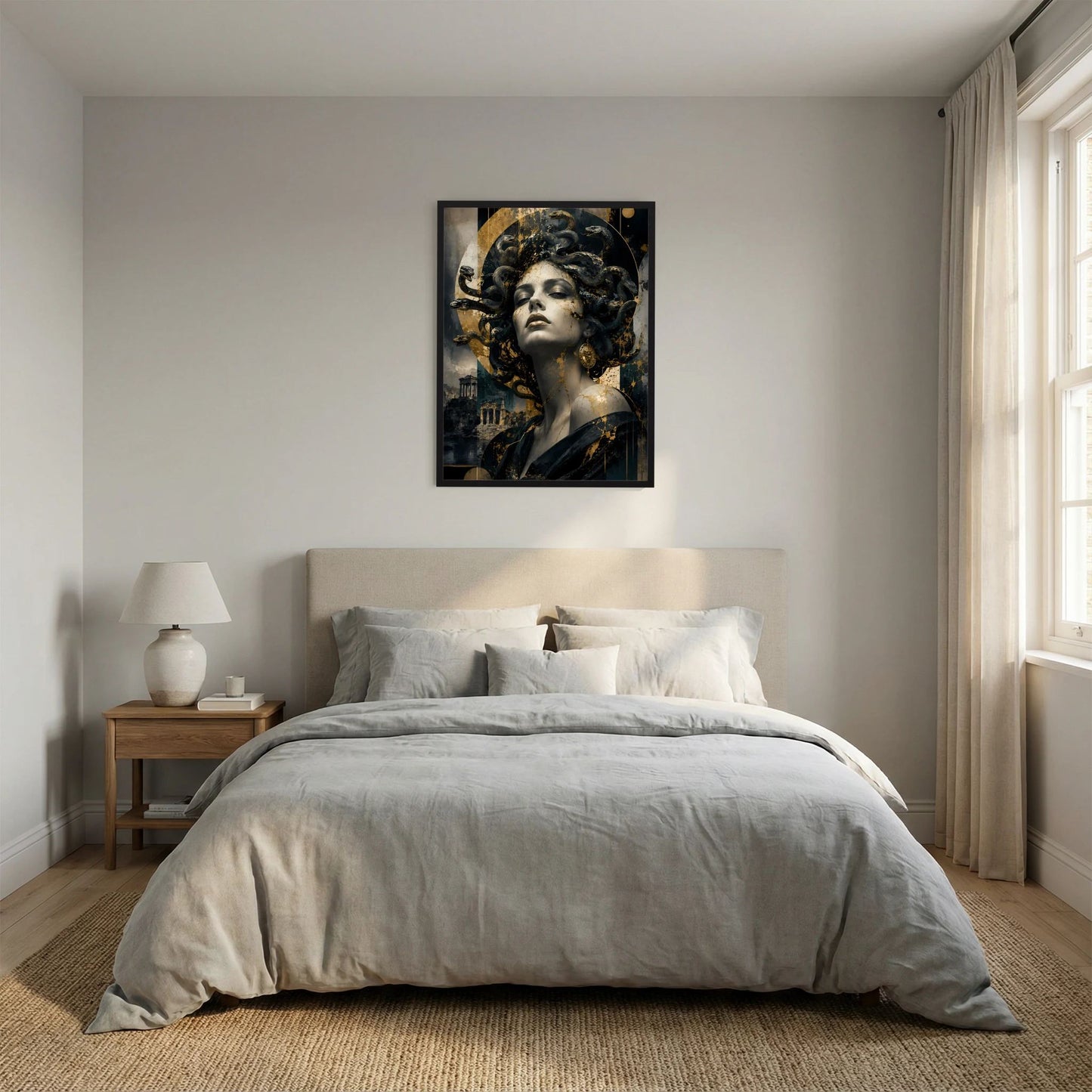 Hochformatiges Poster mit Frau im Medusa-Stil, schwarz-goldene Details, gerahmter Druck.