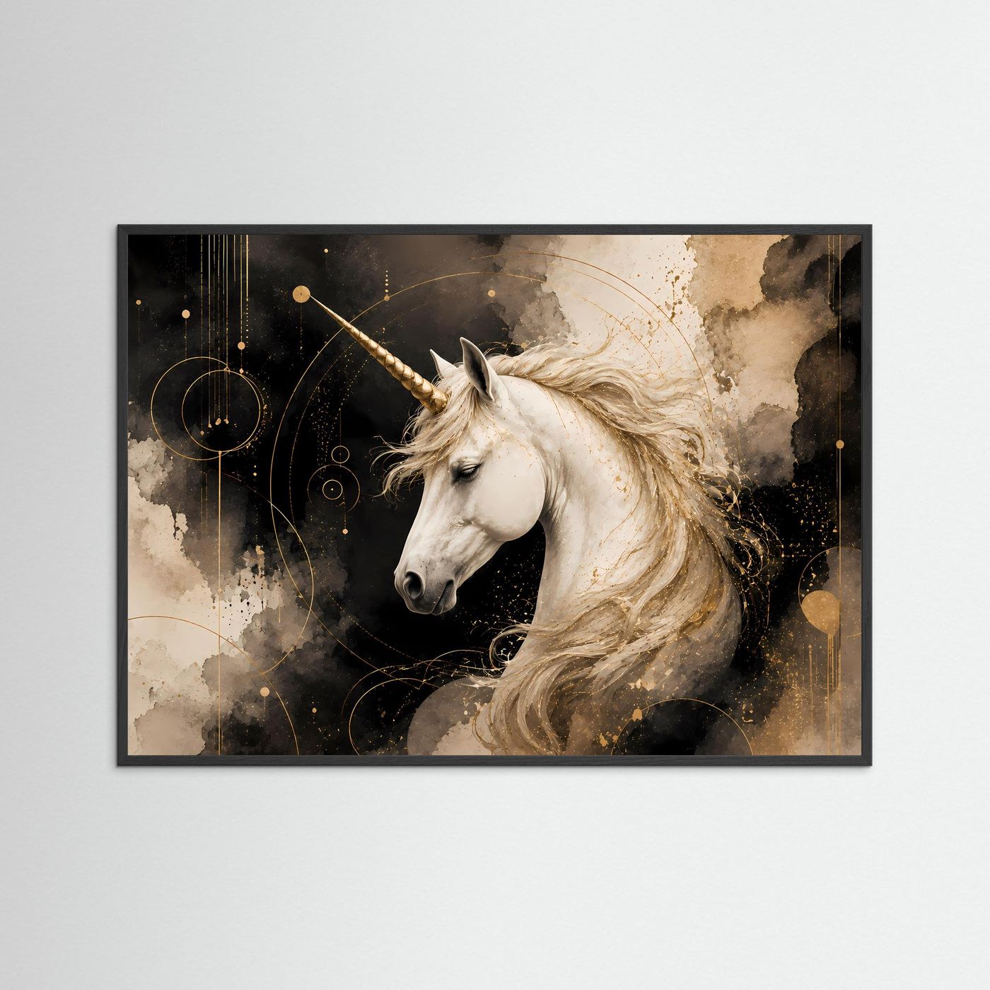 Poster im Querformat mit weißem Einhornkopf, goldener Fantasy-Illustration, schwarzem Rahmen