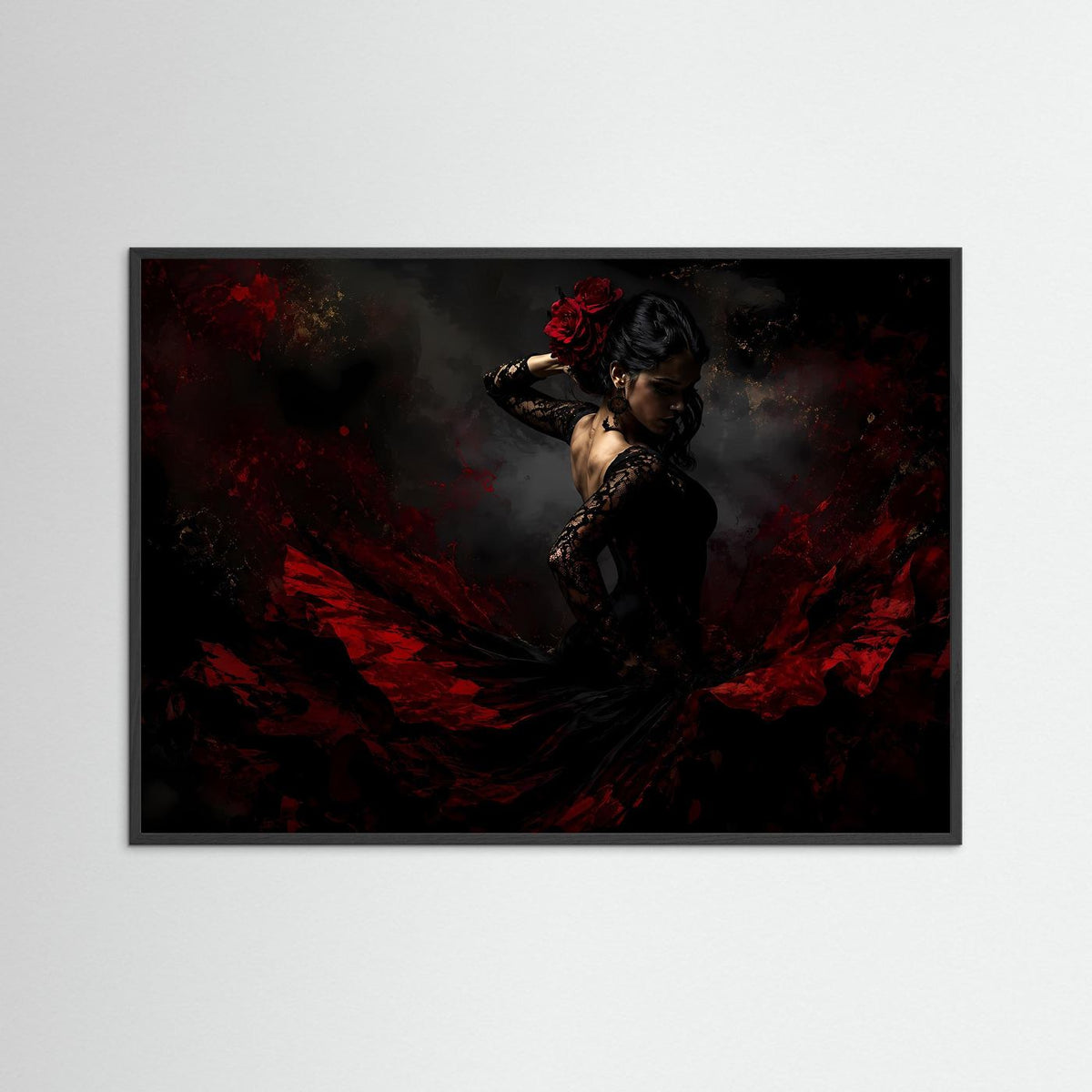 Querformatiges Flamenco-Wandbild mit schwarzem Holzrahmen, Tänzerin in Rot und Schwarz.