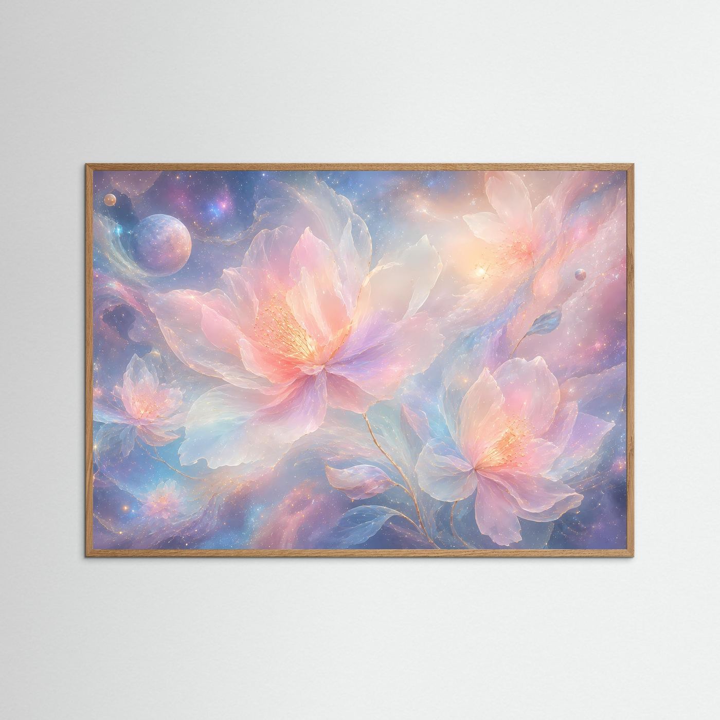 Kosmische Blumen Poster | Pastell Galaxy Wandkunst | Surreale Blumen mit Sternenhimmel | Modernes Fantasy Wandbild