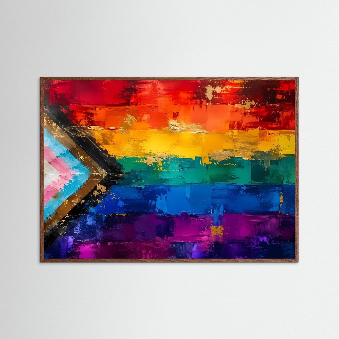 Gerahmtes Poster mit abstrakter Regenbogenflagge, bunte Flächen und goldfarbener Pfeil