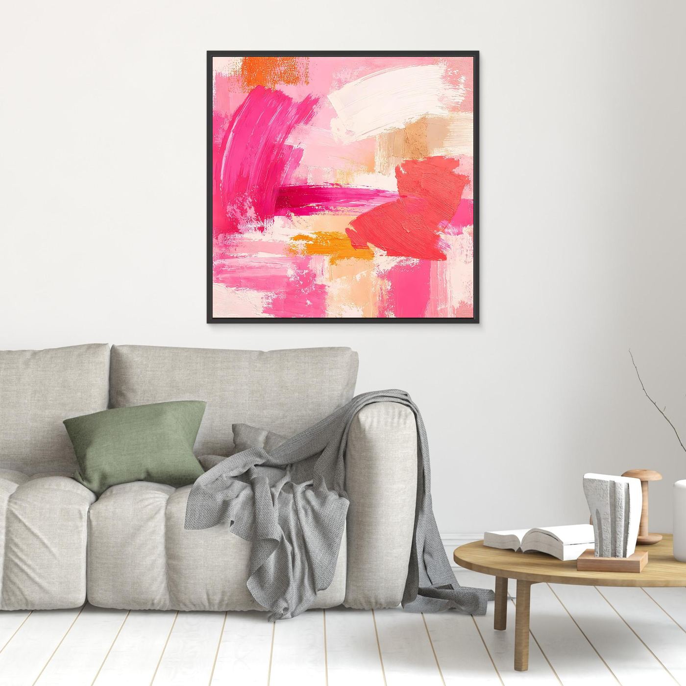 Leinwand-Wandbild mit abstrakten Pastell-Strichen in Rosa, Weiß und Beige im schwarzen Rahmen