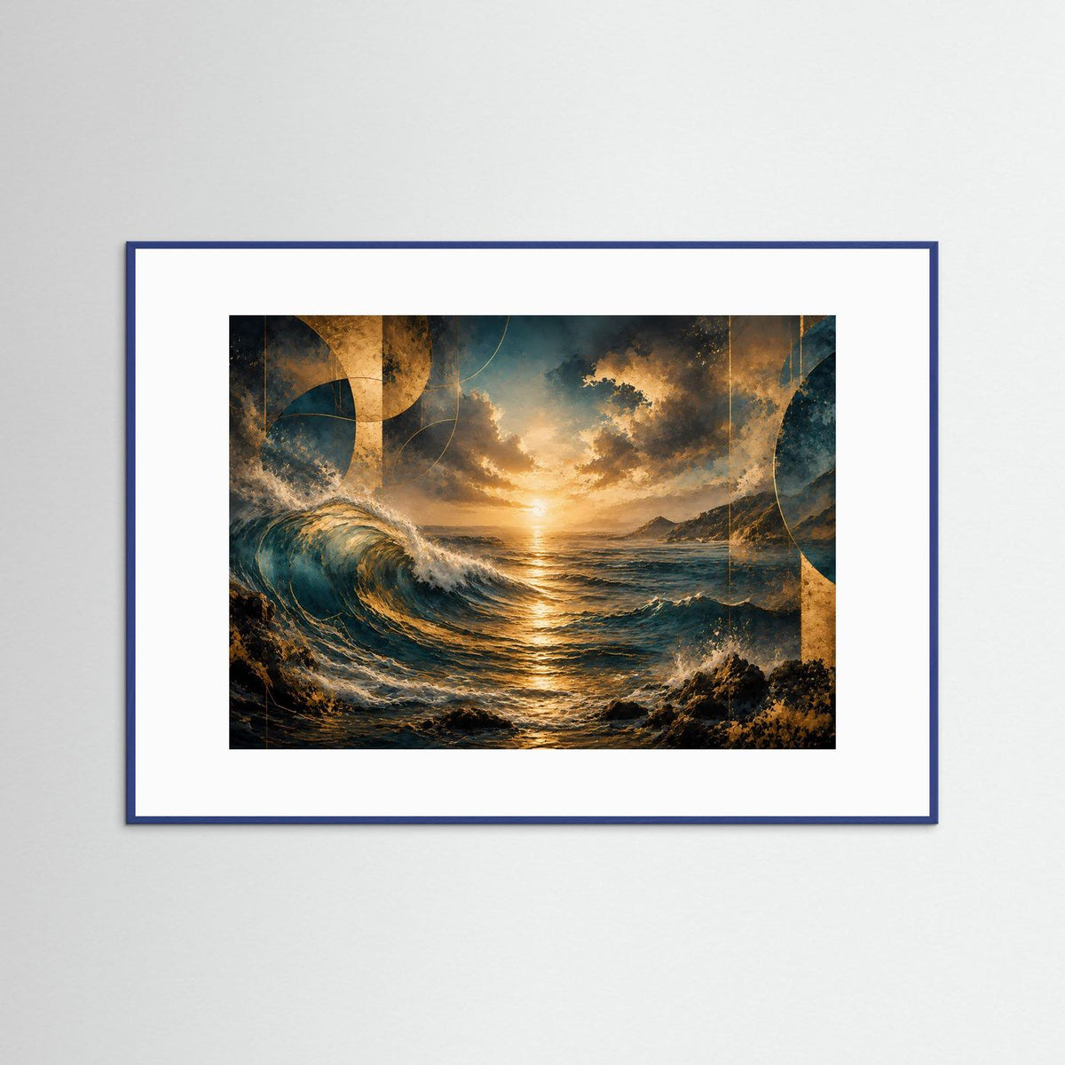 Gerahmtes Poster mit abstrakten Meereswellen und goldener Abendsonne, blauem Rahmen im Querformat