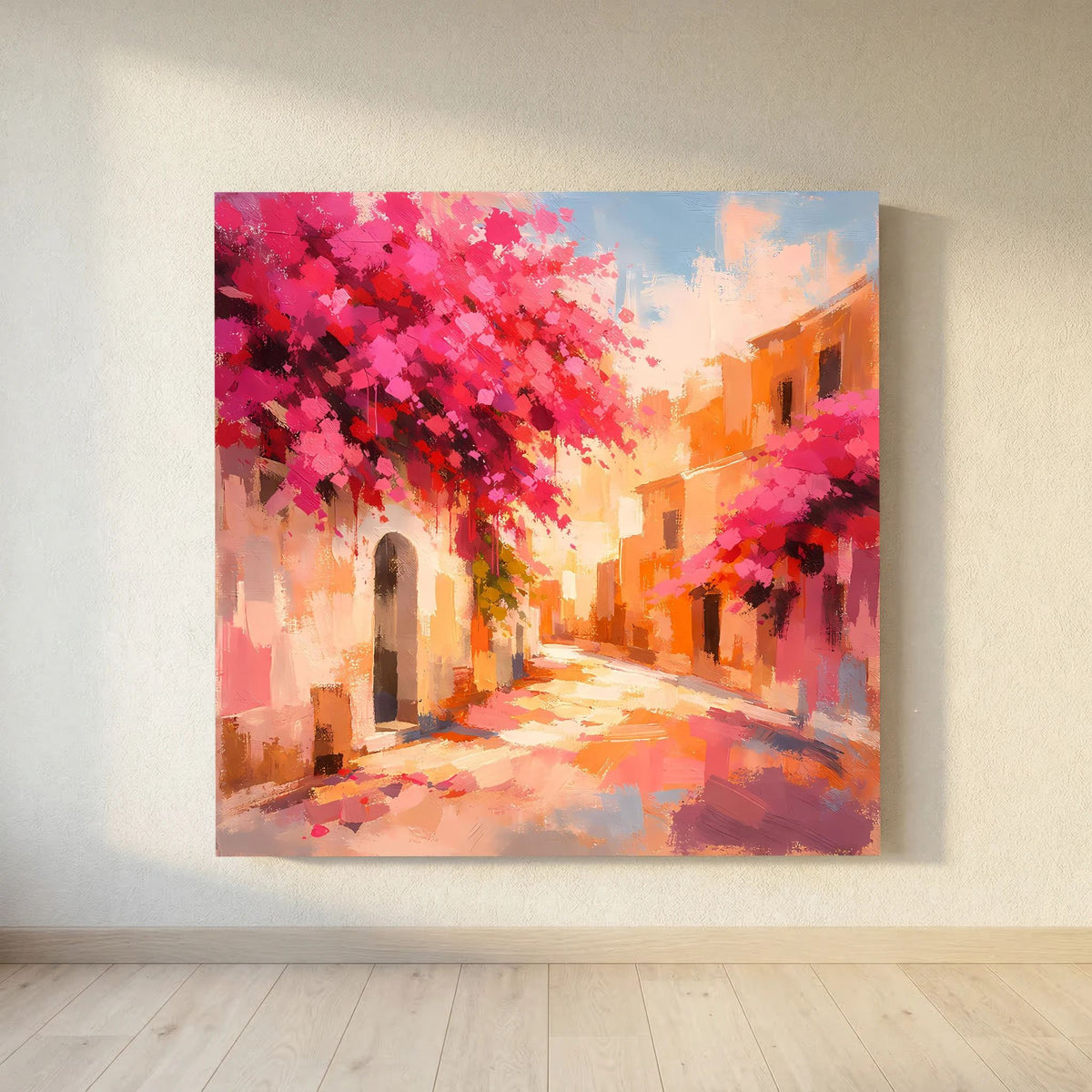 Abstraktes Leinwandbild: schmale Gasse mit rosa Blüten, Gewölbebogen und orangefarbenen Häusern