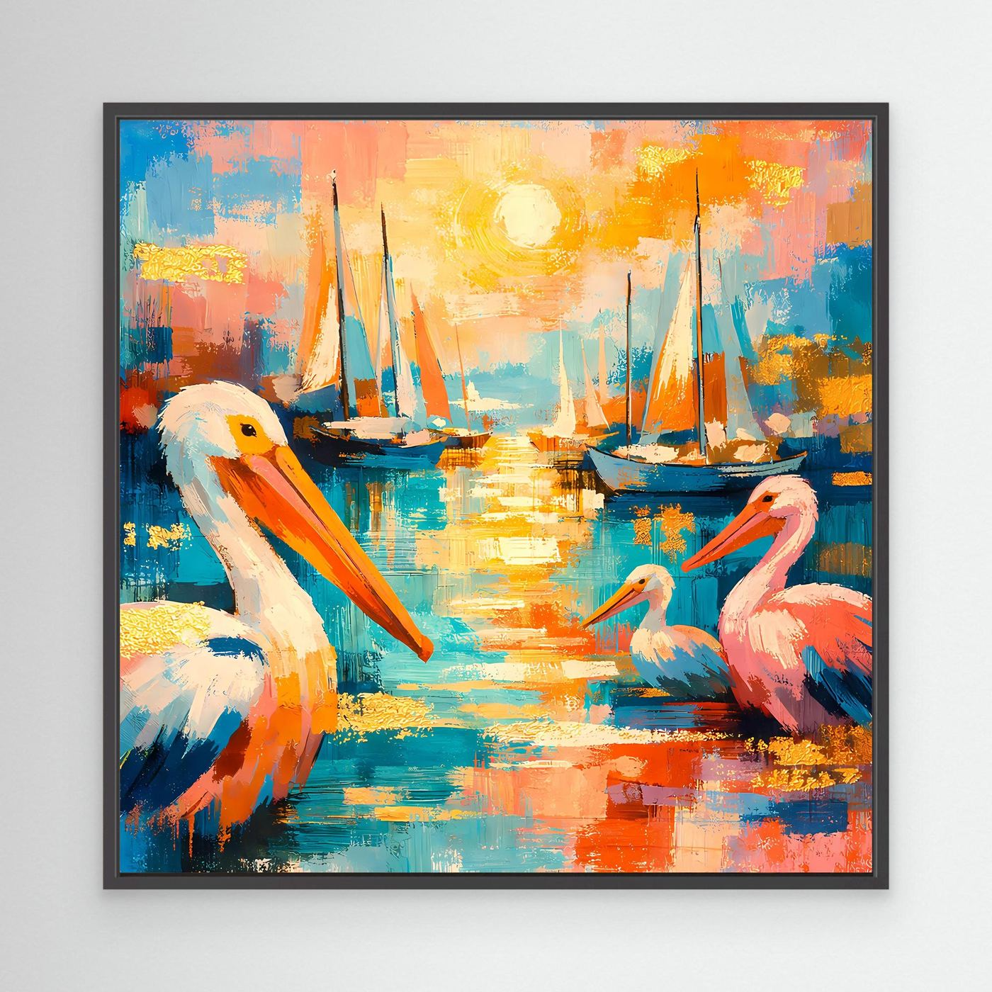 Leinwandbild mit bunten Pelikanen am Hafen und Segelbooten, im schwarzen Rahmen