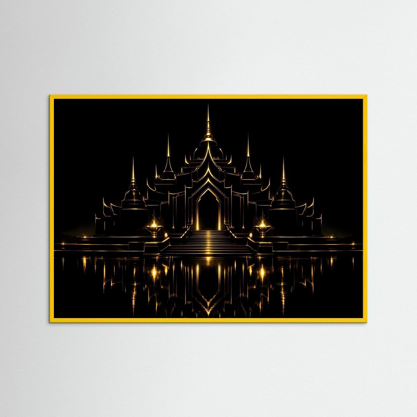 Poster mit goldener Tempelarchitektur, schwarzem Hintergrund, Spiegelbild, gelber Rahmen.