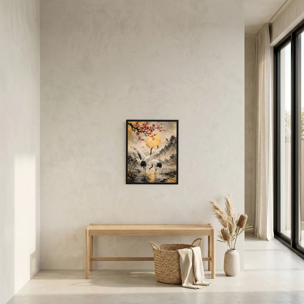 Gerahmtes Poster im Hochformat mit Kranichen, goldener Sonne und roten Blüten