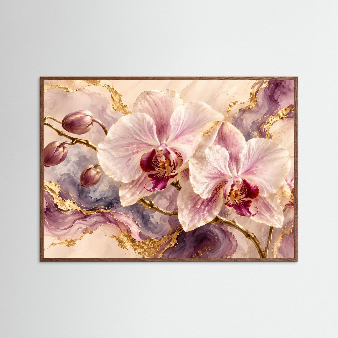 Gerahmtes Poster mit rosafarbenen Orchideen und Goldmarmor, brauner Rahmen, Querformat