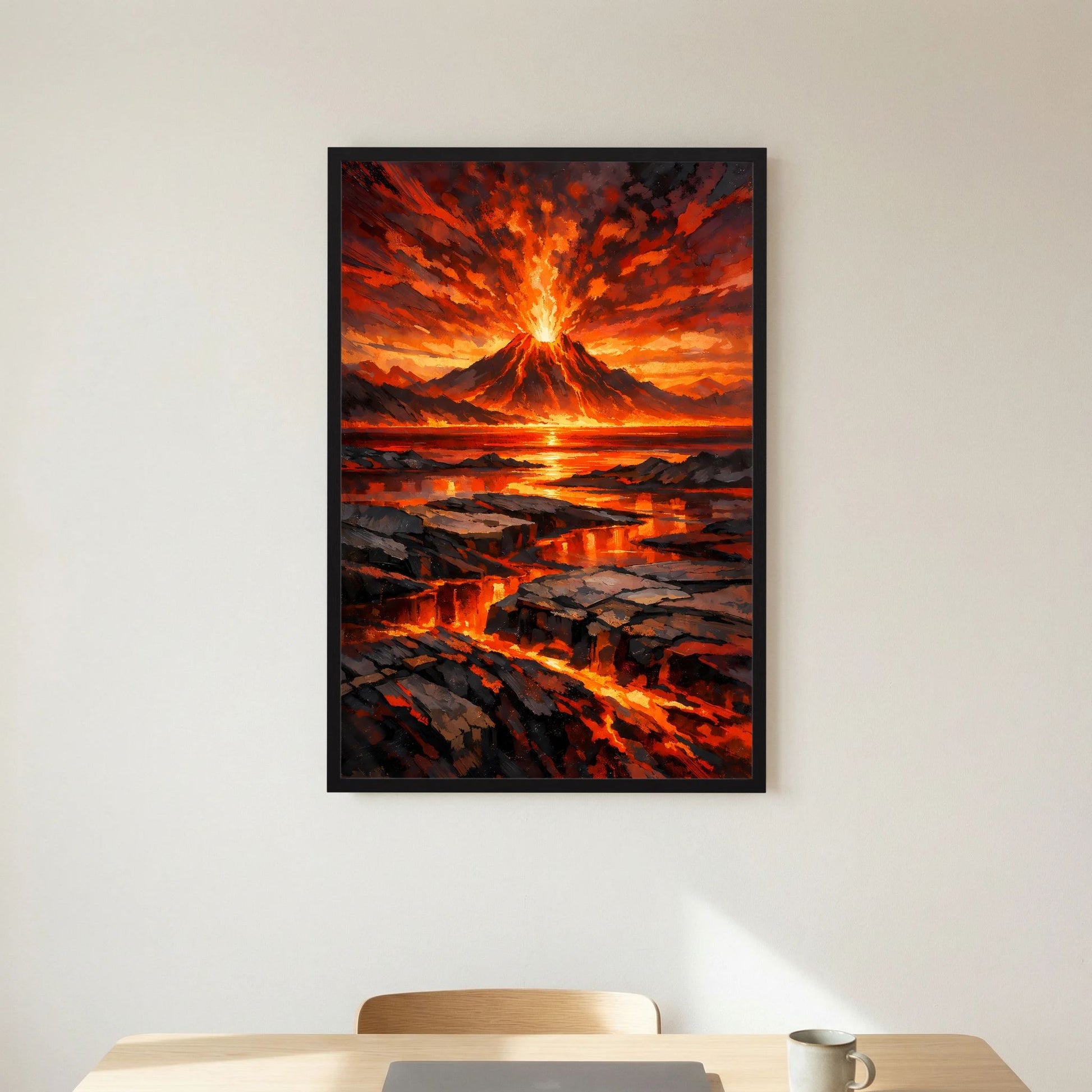 Hochformat-Poster mit schwarzem Rahmen: Lava strömt aus dem Vulkan, dramatischer Himmel
