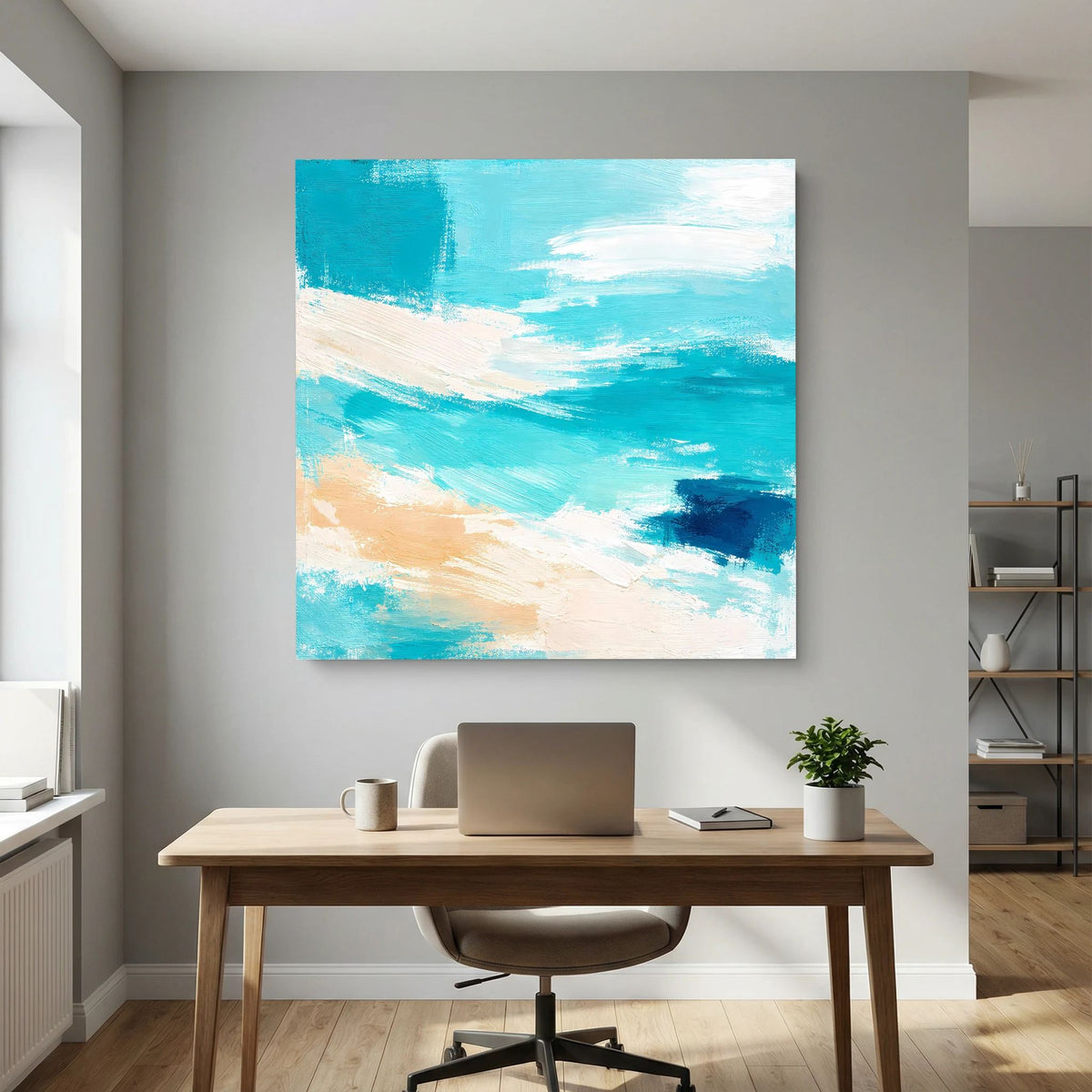 Quadratisches Leinwand-Wandbild mit abstraktem Strandmotiv: helle Bereiche, türkise Wellen, dunkle Akzente.