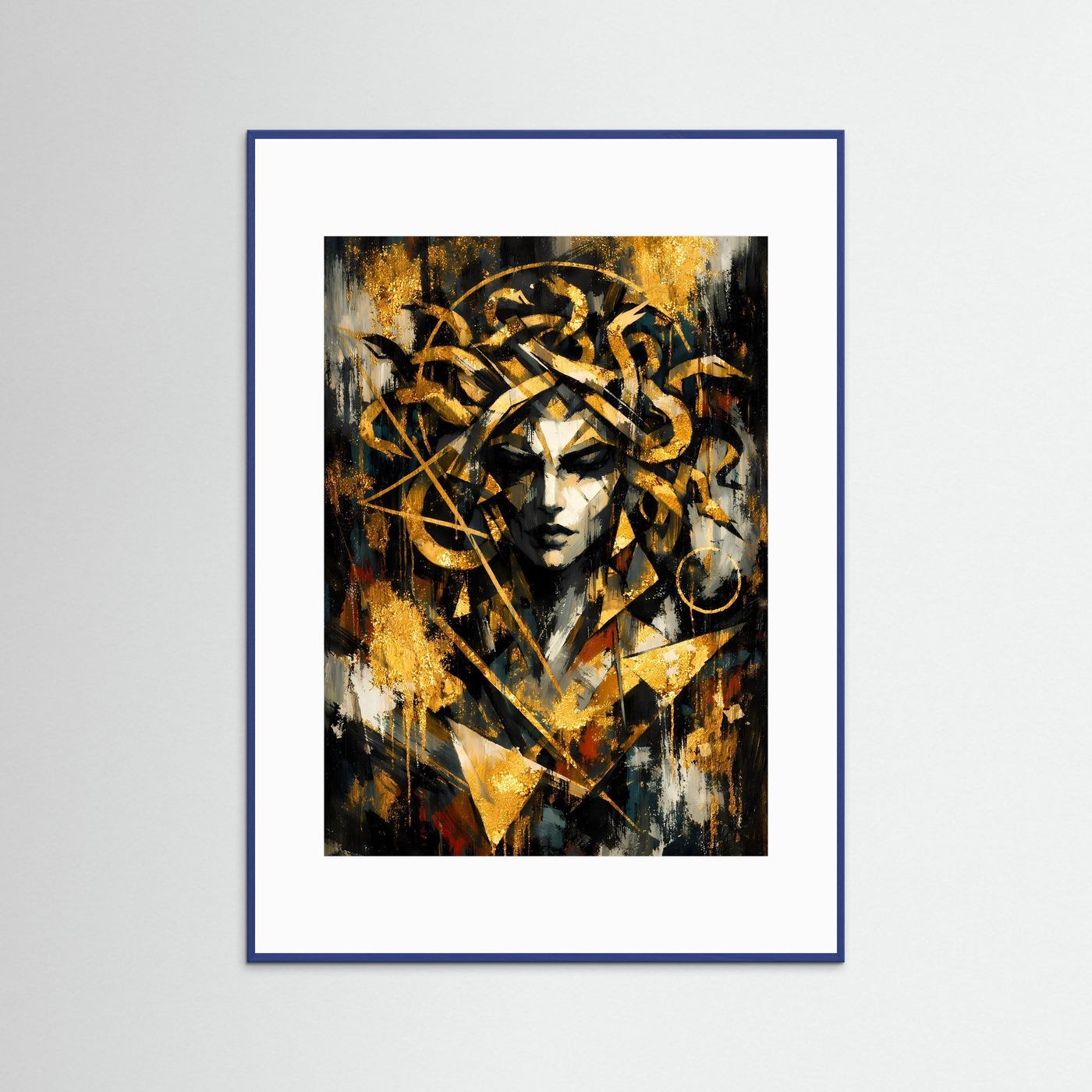 Mythologie-Poster mit Rahmen in Blau, quadratischer Bildausschnitt mit Gold-, Schwarz- und Weißtönen