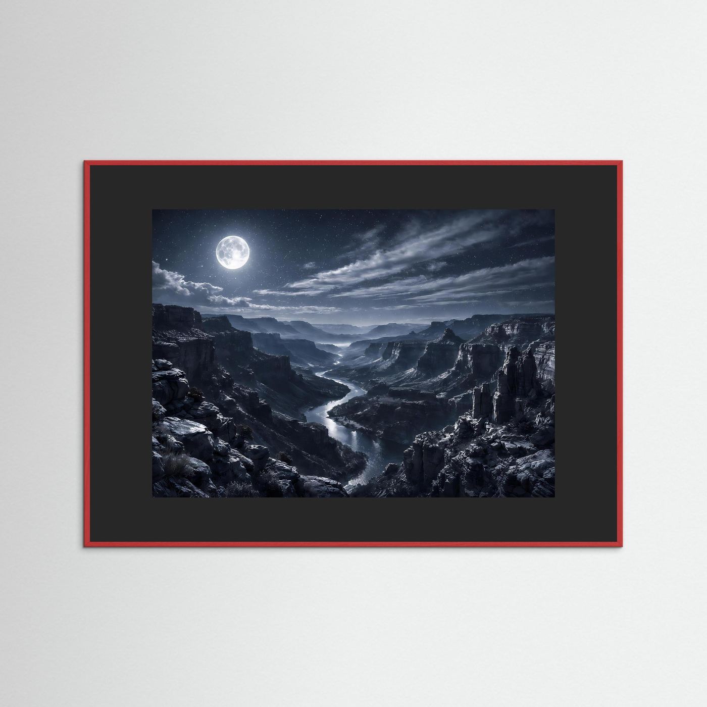 Wandbild mit Mond über Canyon, dunkler Mattrahmen in Rot