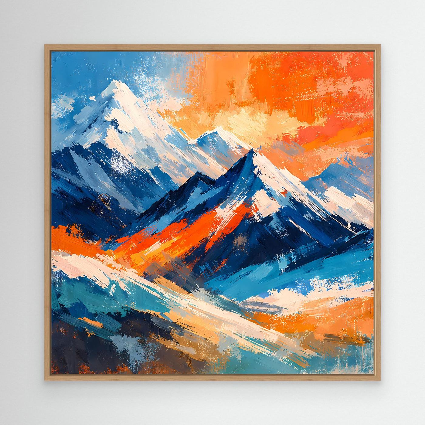 Abstraktes Leinwandbild mit Berggipfeln in Blau- und Orange-Tönen, Eichenrahmen.