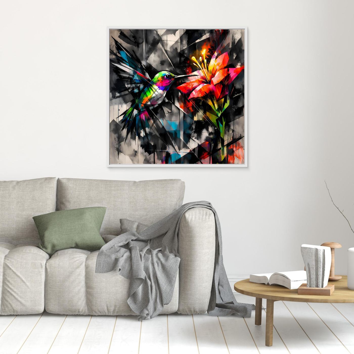 Leinwandbild Farbintensiver Kolibri | Abstraktes Geometrisches Wandbild auf Keilrahmen