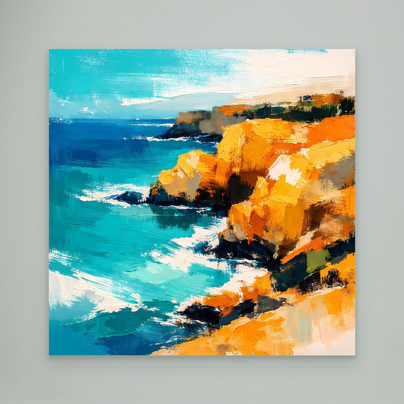 Leinwand Abstraktes Steilküsten Gemälde | Modernes Mediterranes Meeres Wandbild Blau Gelb