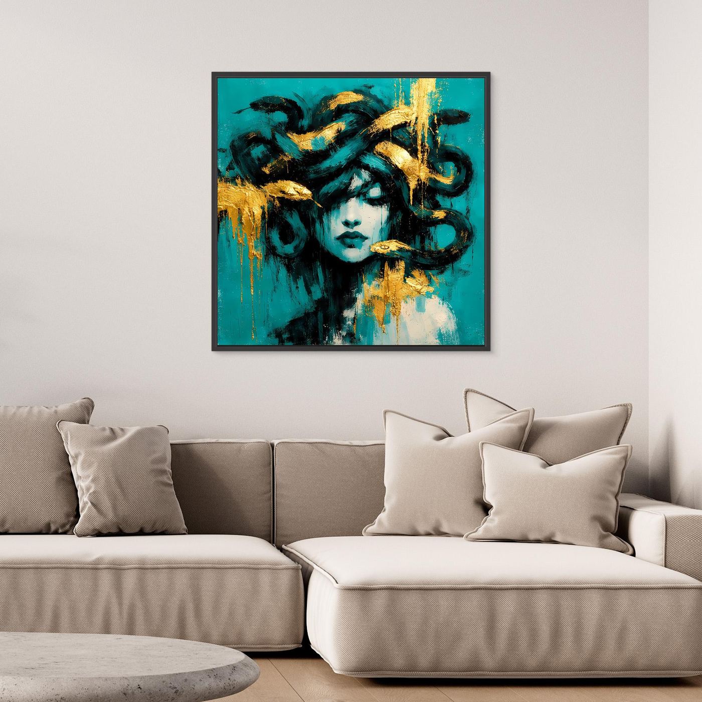 Leinwand Mythische Medusa in Türkis und Gold | Abstraktes Gorgonen Wandbild
