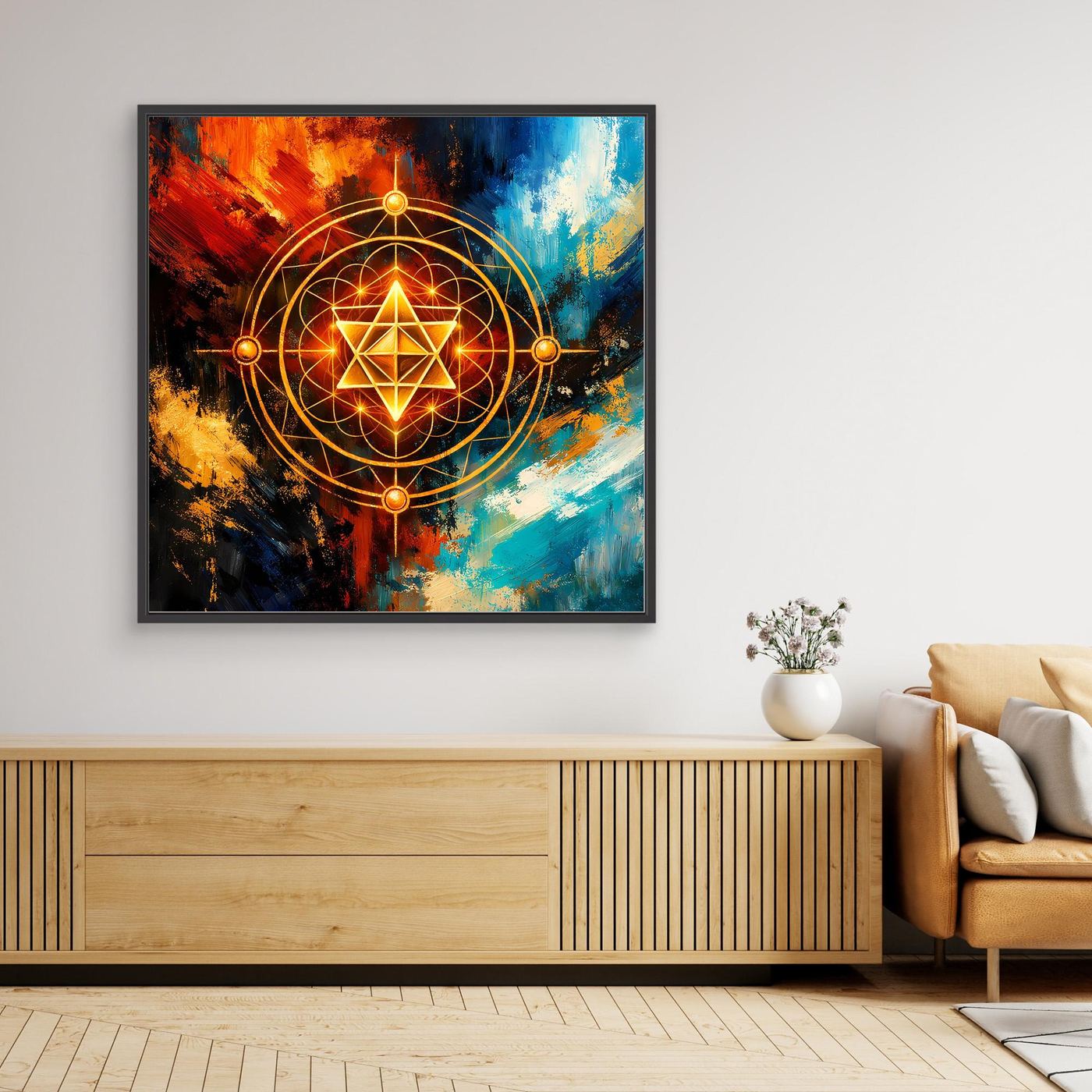 Leinwandbild mit Merkaba-Symbol in Gold, Rot und Blau, mit dunklem Rahmen am Sideboard