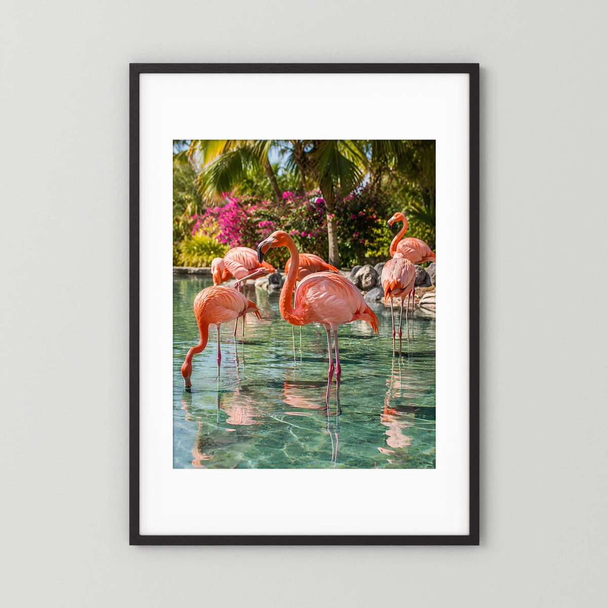 Poster mit Flamingos im Tropenwasser, schwarzer Rahmen mit weißem Rand