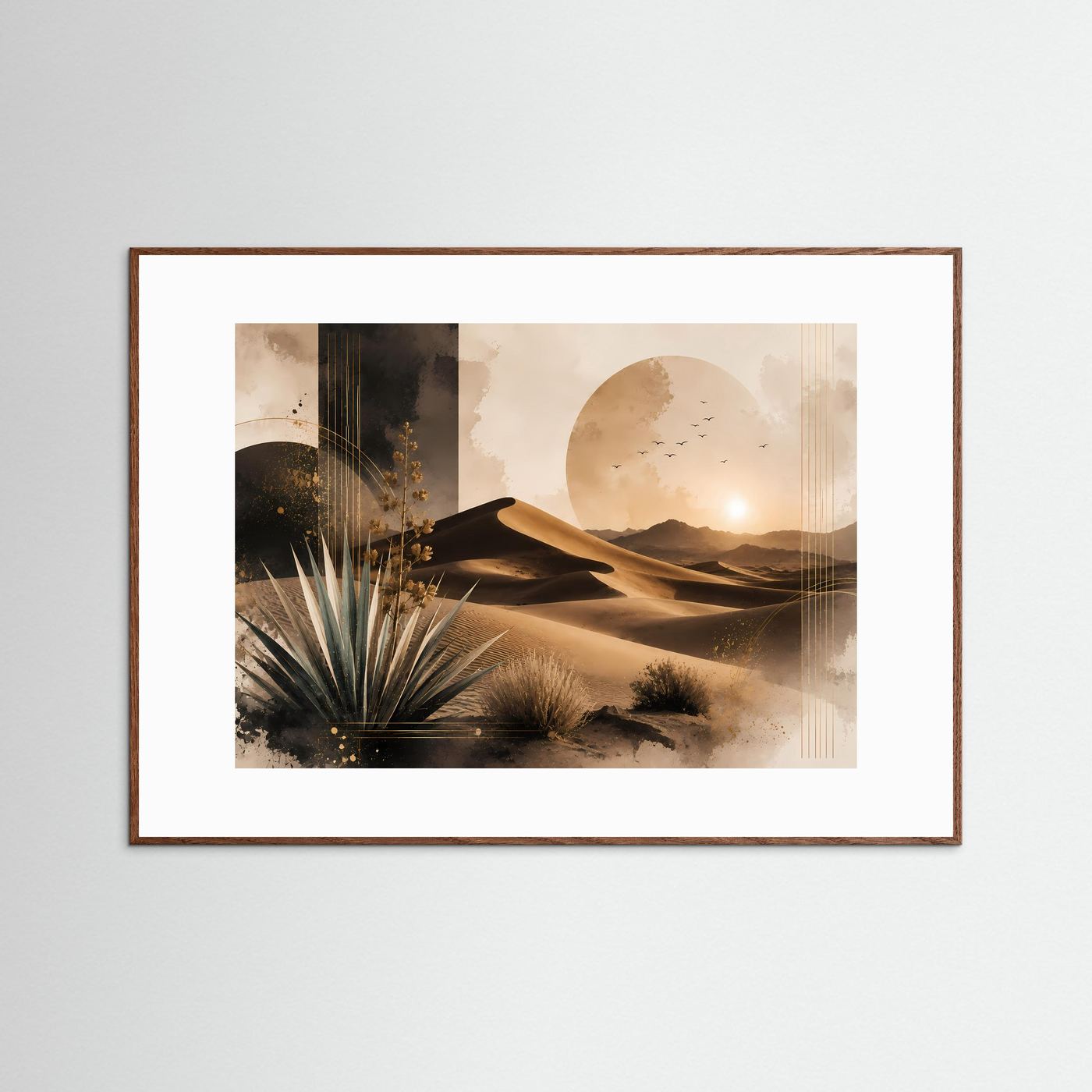 Querformat-Poster mit abstrakten Sanddünen, Palmen und goldenem Sonnenuntergang im braunen Holzrahmen
