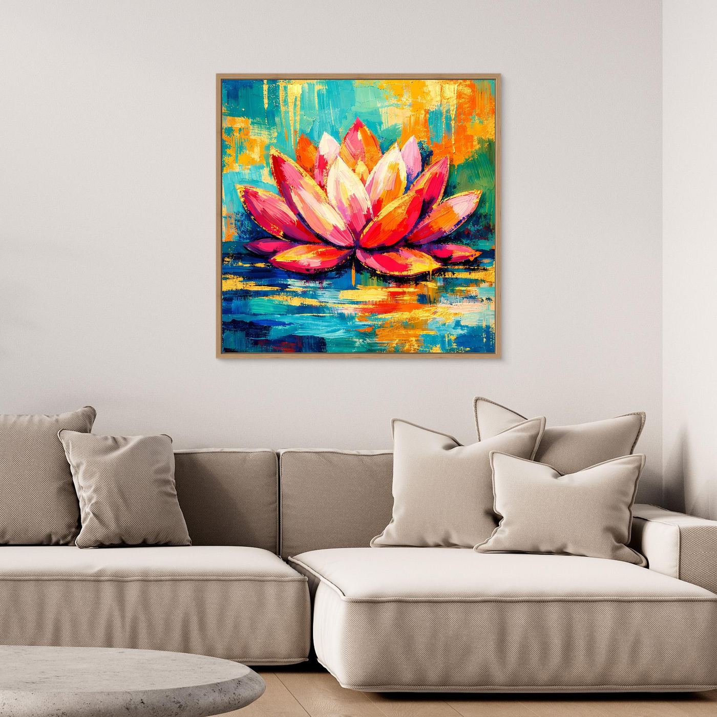 Abstraktes Lotus-Leinwandbild mit bunten Blüten, mit dunklem Rahmen