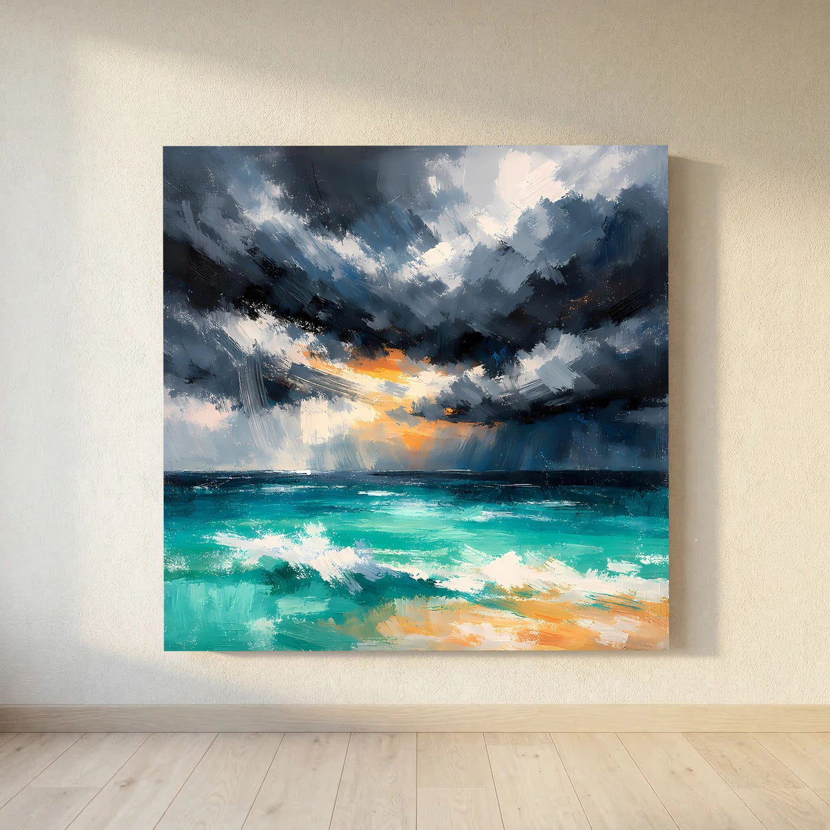 Leinwand-Wandbild mit Rahmen: dunkle Wolken, türkisfarbenes Wasser und orangefarbene Highlights.