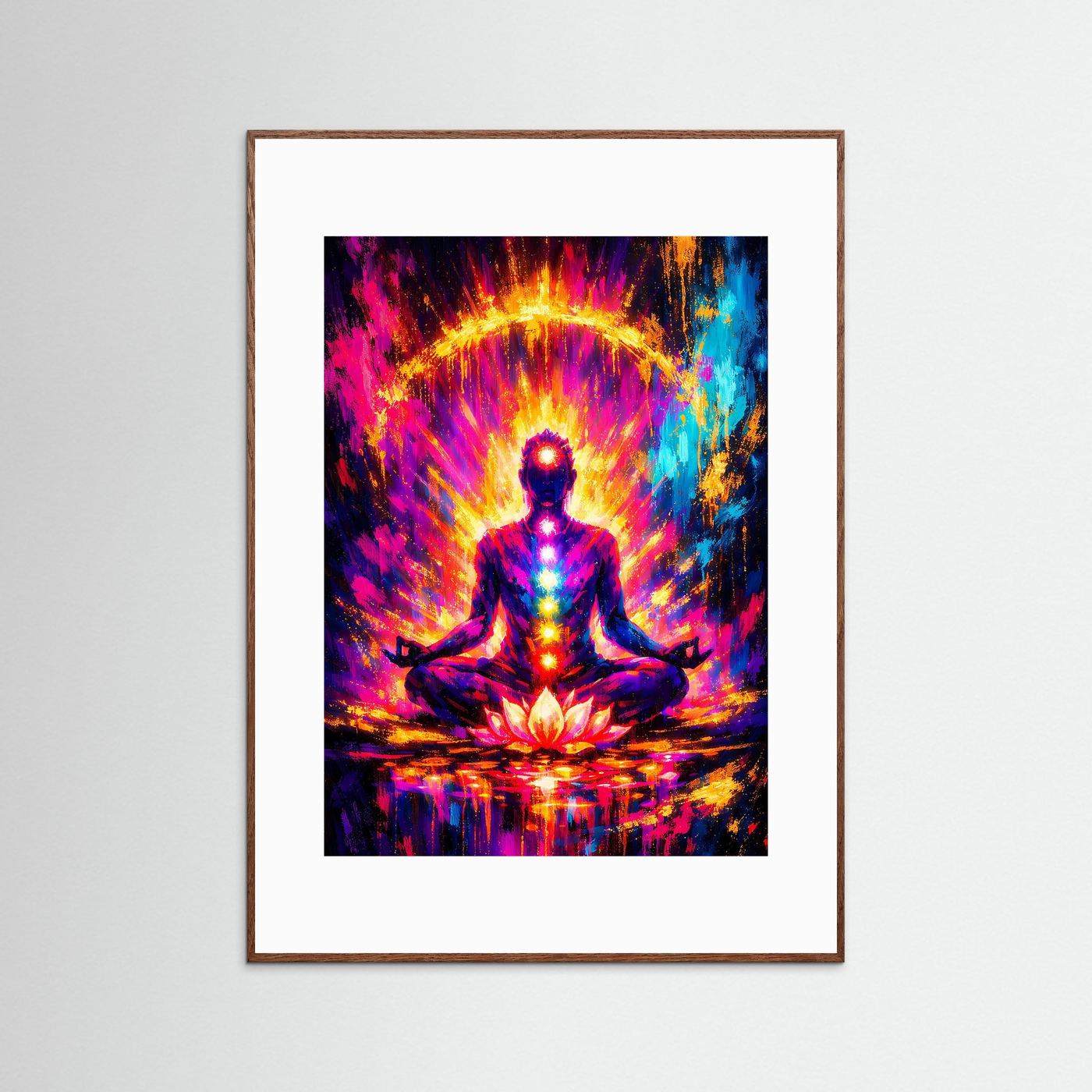Chakra-Poster im Hochformat mit meditierender Figur, goldener Aura und Lotus; brauner Holzrahmen