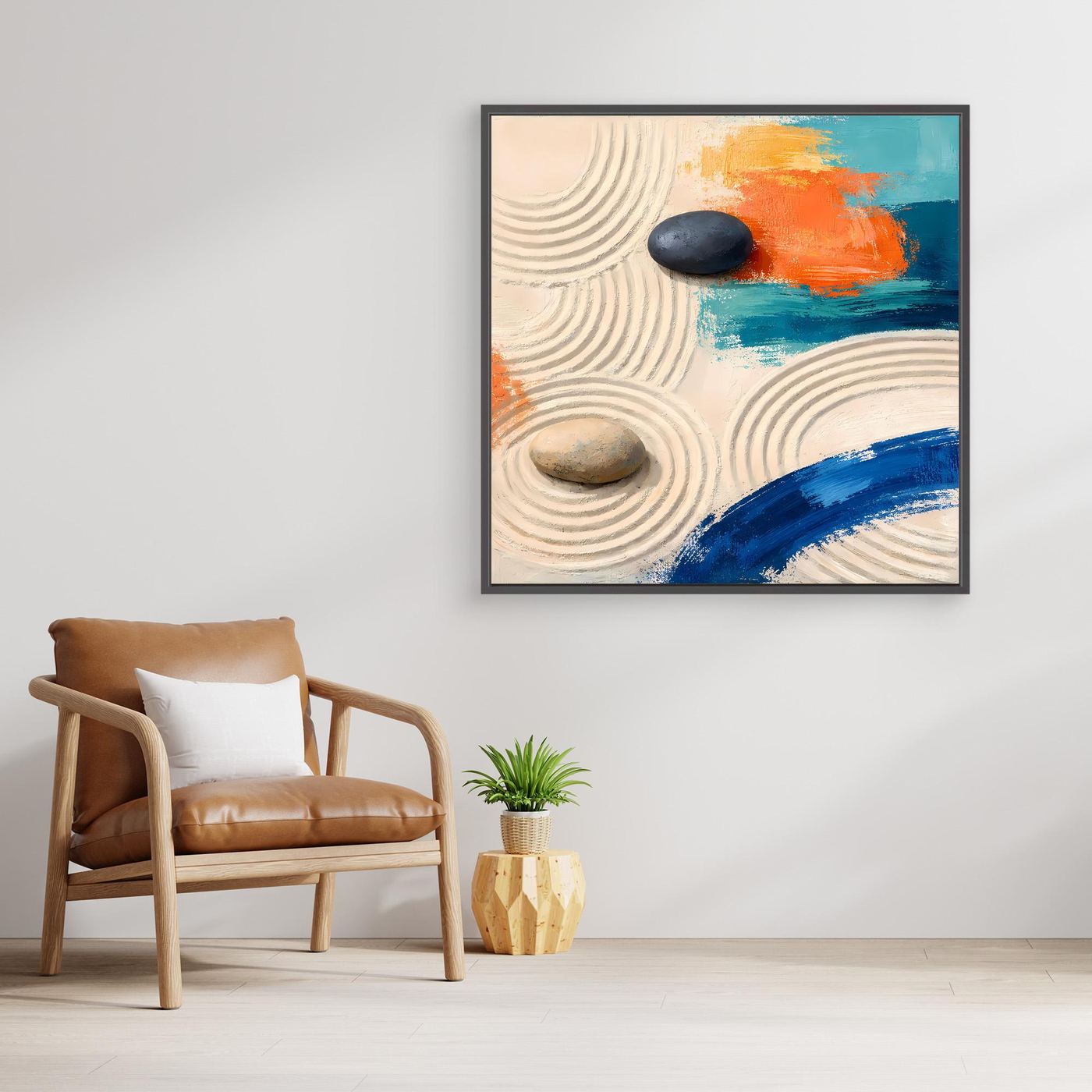 Leinwand Moderner Zen-Garten mit Steinen | Abstraktes Wandbild auf echter Leinwand