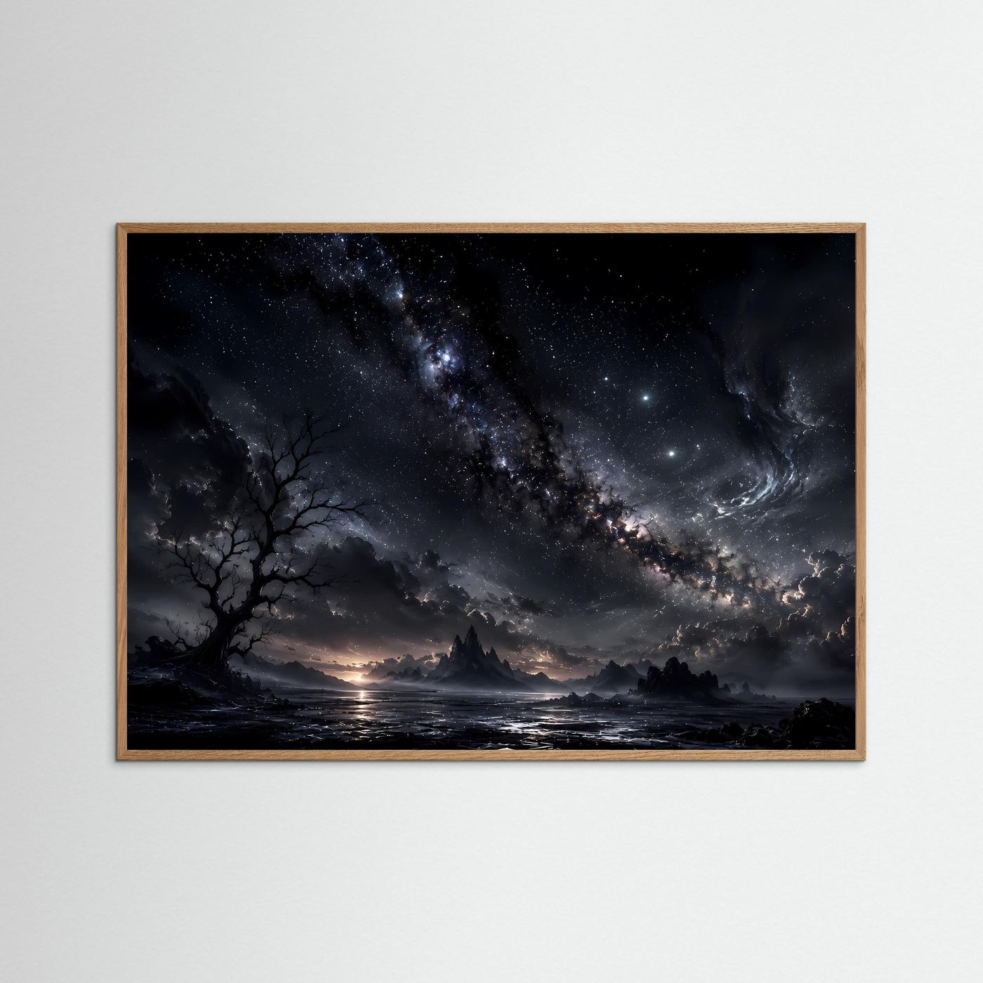 Milchstraße Poster Schwarz Weiß | Mystischer Sternenhimmel Landschaft | Kosmische Nacht Wandbild | Fantasy Himmel | Moderne Himmelskunst