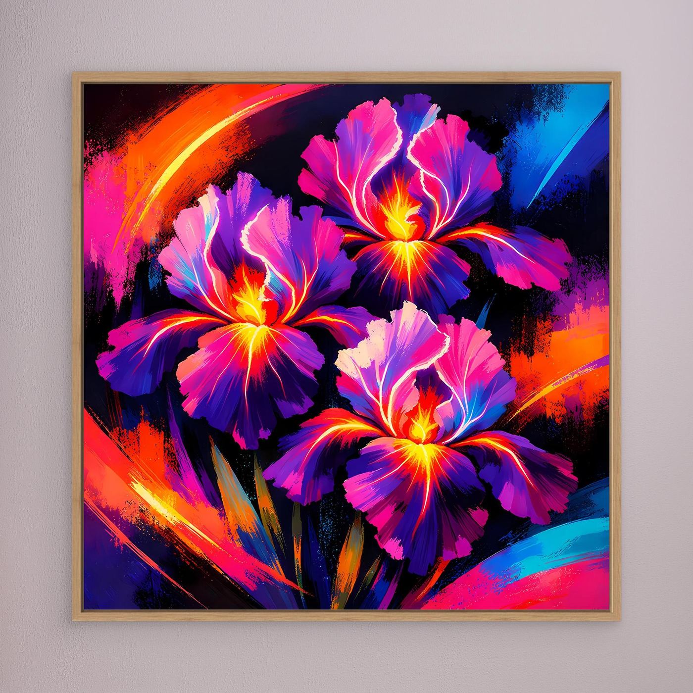Leinwand-Wandbild mit abstrakten Irisblüten in Neonfarben, goldbrauner Rahmen