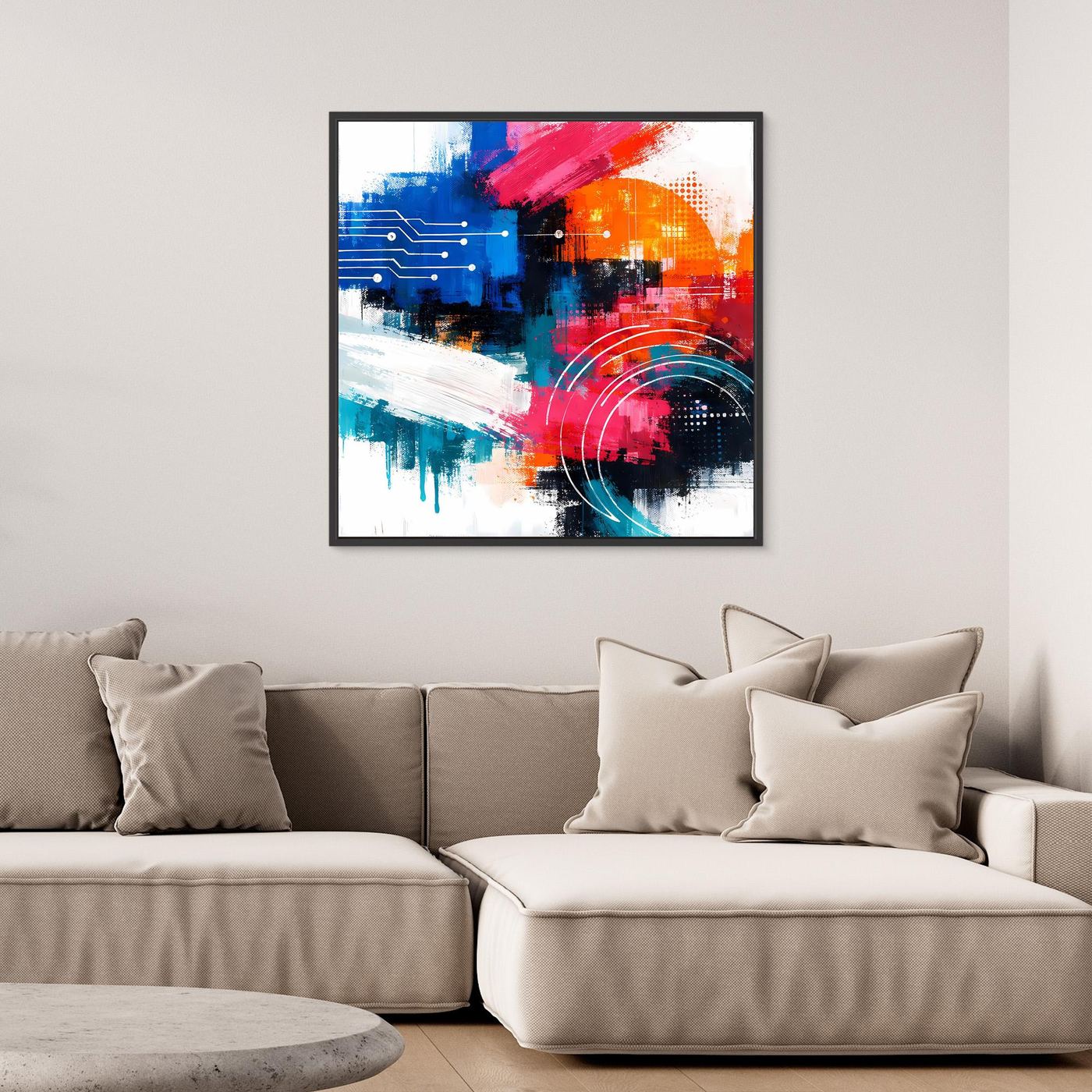 Abstract canvas wall art with blue, red, orange, and black geometric strokes in black frame