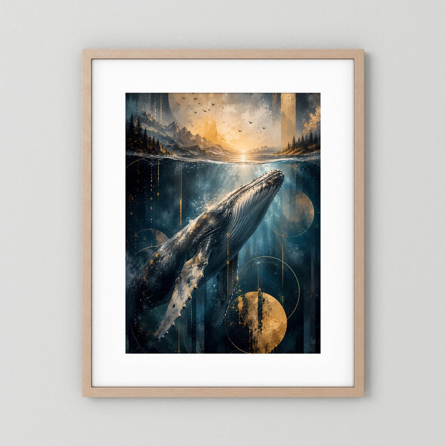 Poster im Hochformat mit Wal unter Wasser, Ozeanlandschaft in Blau und Gold, heller Holzrahmen