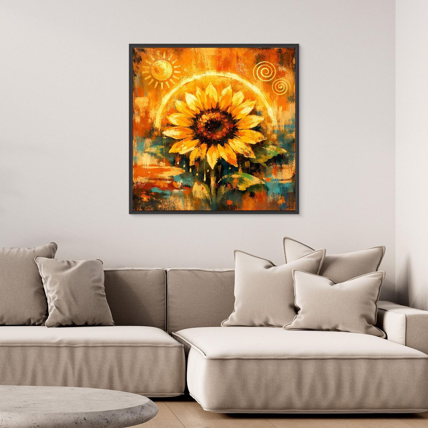 Gerahmtes Leinwandbild mit goldener Sonnenblume, dunkler Rahmen und warmes Farbspektrum