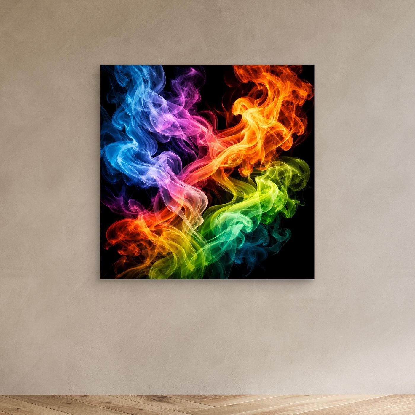 Kleines abstraktes Leinwandbild mit bunten Rauchschwaden auf dunklem Hintergrund