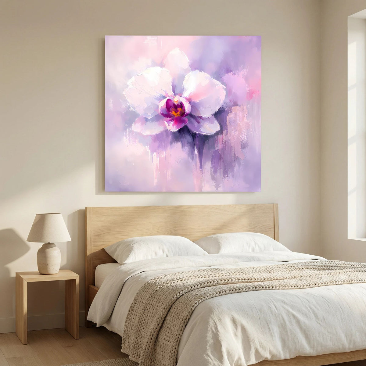 Quadratisches Leinwand-Wandbild: abstrakte Orchideenblüte in Pastell-Lila und Pink