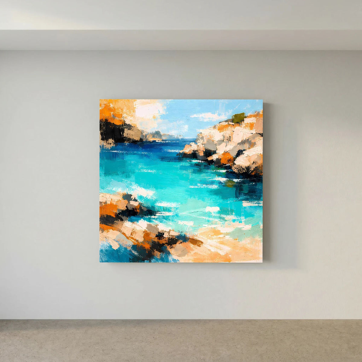 Abstraktes Leinwandbild mit türkisblauer Bucht, weißen und orangefarbenen Felsen sowie dunkelblauen Bereichen.