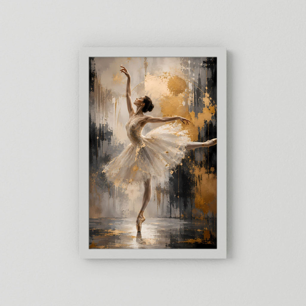 Hochformat-Poster mit Ballerina in Weiß und Gold, ohne Rahmen