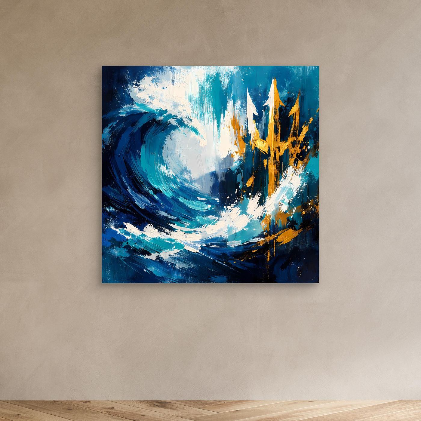 Maritime wall art with blue wave swirl and gold trident, no visible frame