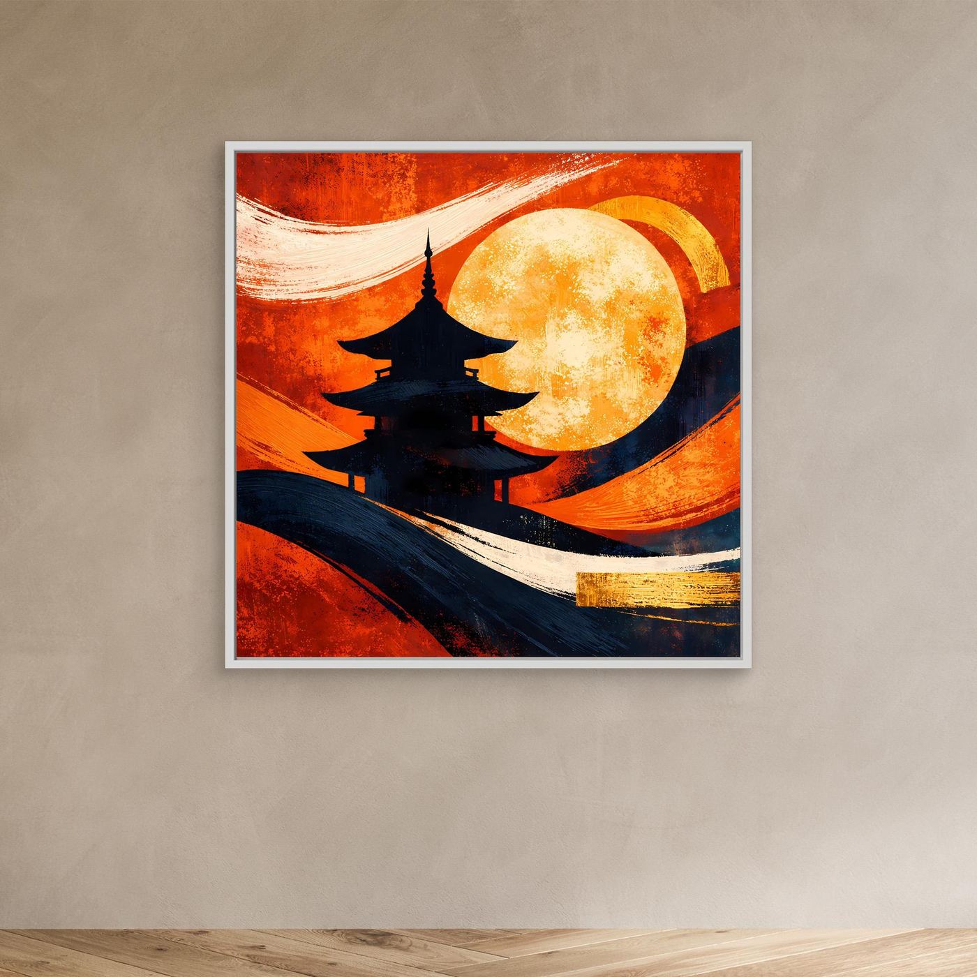 Leinwandbild mit Pagode und Vollmond, Rot-Orange und Blau, im weißen Rahmen