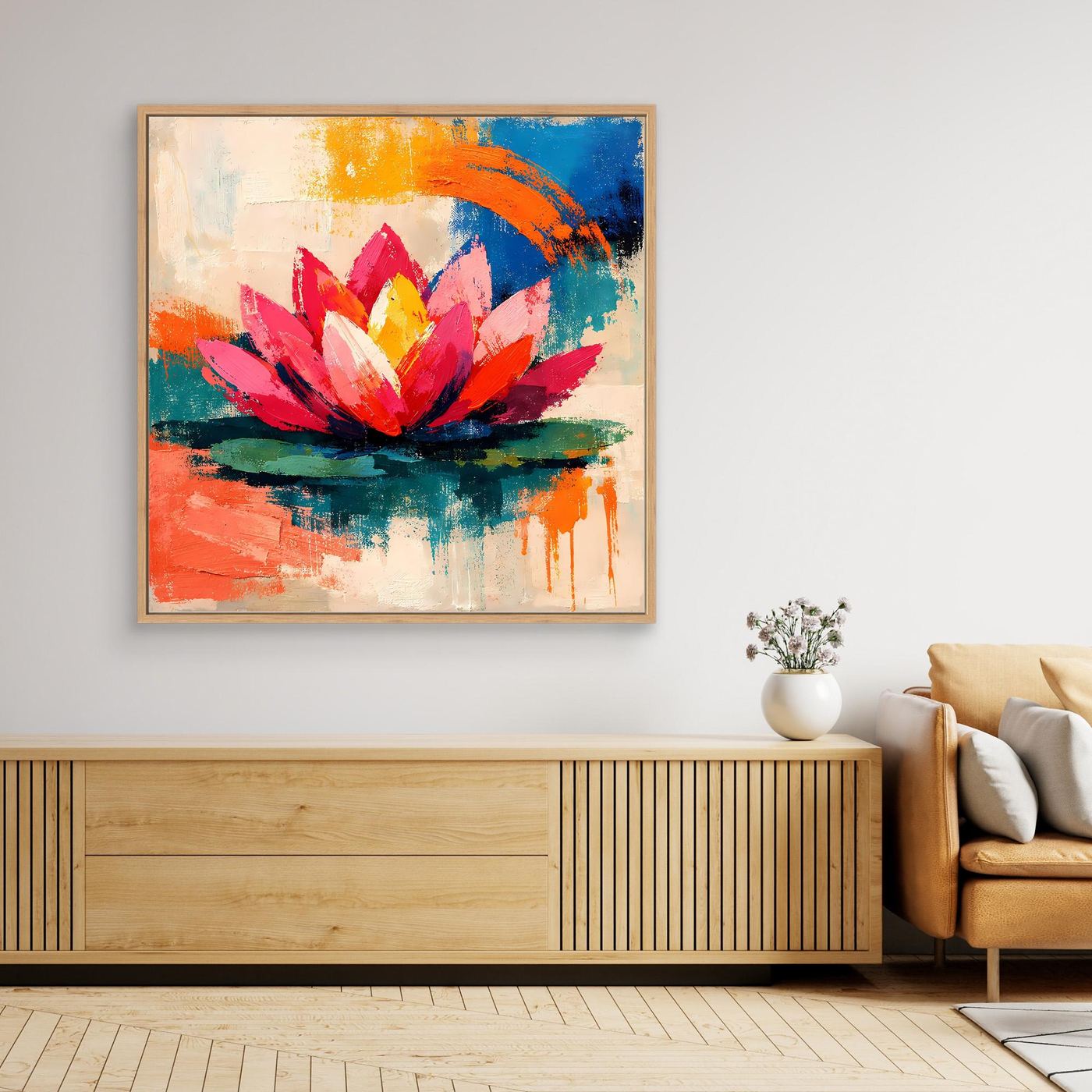 Abstract lotus canvas wall art in an oak frame, pink and yellow petals with blue-orange brushwork