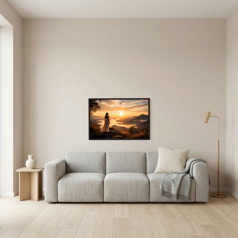Wandposter mit Frau am Felsen bei Sonnenuntergang über See und Bergen, dunkler Rahmen