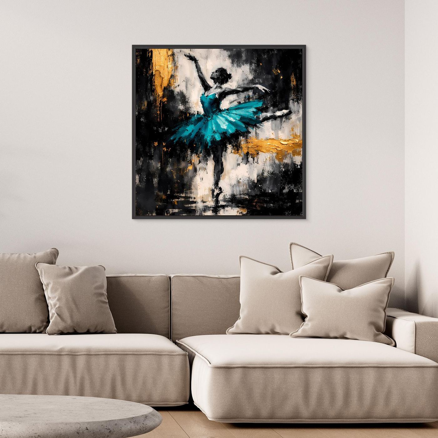Leinwand Abstrakte Ballerina in Türkis und Gold | Modernes Ballett Wandbild mit Tanz-Motiv