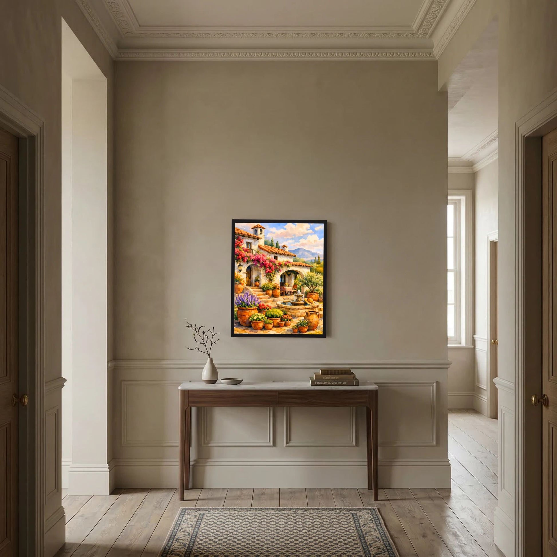 Wand-Kunstposter im Hochformat: mediterraner Innenhof mit Blumen und Töpfen, schwarzer Rahmen